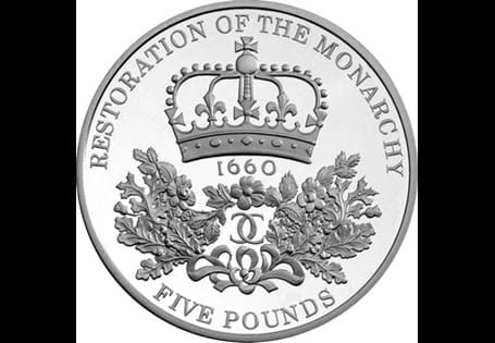 Struck in 2010, this coin commemorates the 350th anniversary of the restoration of the British monarchy under Charles II in 1660. The reverse depicts intertwined C's and oak leaves beneath a crown.