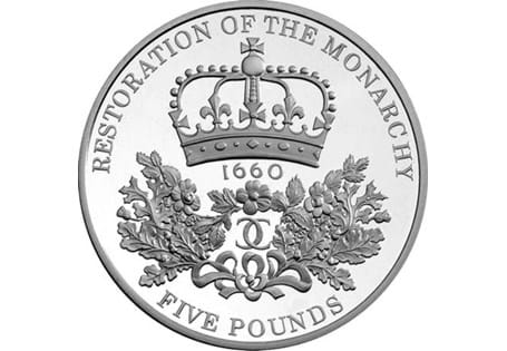 Struck in 2010, this coin commemorates the 350th anniversary of the restoration of the British monarchy under Charles II in 1660. The reverse depicts intertwined C's and oak leaves beneath a crown.