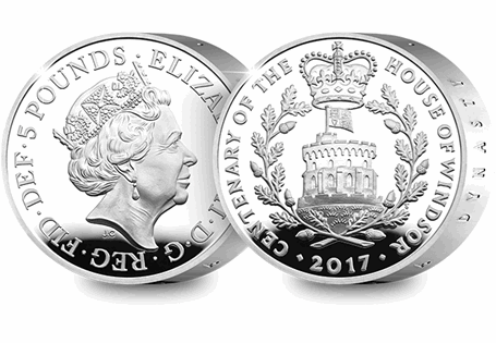 This 2017 Silver Proof Piedfort £5 has been issued by the Royal Mint to celebrate the centenary of the House of Windsor. The reverse design is based on the badge of the House of Windsor.