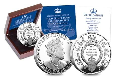 To celebrate the Christening of HRH The Duke and Duchess of Cambridge's third child, the IOM have issued this .925 Silver coin featuring an oak wreath, coronet and Will & Kate's coat of arms. 