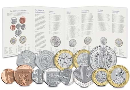 This 2021 Annual Coin Set issued by the Royal Mint consists of the 8 definitive coins struck to a Brilliant Uncirculated finish and the 5 new commemorative coins issued for 2021. 13 coins in total.
