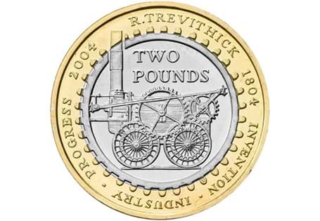 Issued in 2004, this uncirculated £2 commemorates the 200th anniversary of Richard Trevithick's steam engine locomotive.