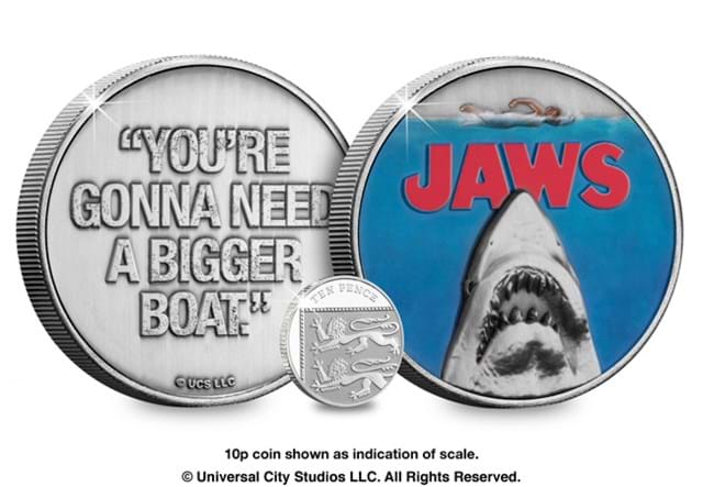 Jaws commemorative obverse and reverse with 10p coin shown as indication of scale