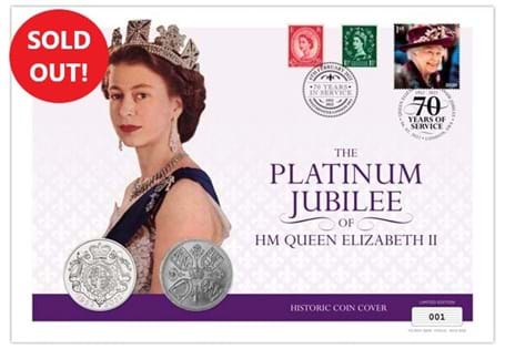Coin Cover features the 1953 Coronation Crown alongside the 2022 Platinum Jubilee BU £5 Coin. It includes Royal Mail Platinum Jubilee 1st Class Stamp alongside two 1952 Wilding Definitives. 