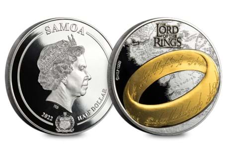This officially licensed "The Lord of the Rings" BU coin features the iconic 'The One Ring' design. Also featuring .999Silver and 24K gold plating.