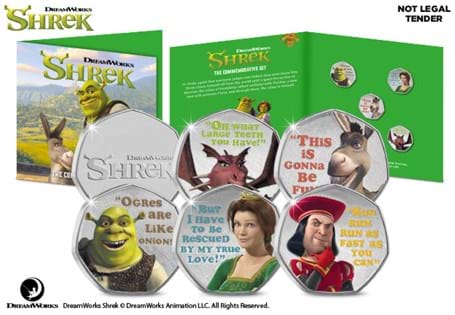The Official Shrek Commemorative Set features Shrek, Princess Fiona, Lord Farquaad, Donkey and Dragon alongside a memorable quote, as seen in the very first movie.