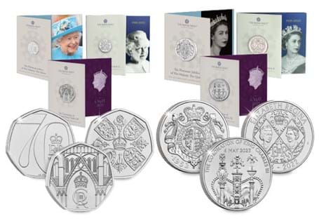This bundle includes all the BU 50p £5 packs issued by The Royal Mint for Queen Elizabeth II's Platinum Jubilee, In Memoriam, and King Charles III's Coronation. 