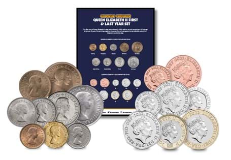 This collection includes the 1953 QEII and 2022 definitive coin sets, presented in a collector's frame.