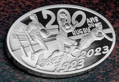 This oval shaped coin has been struck from .999 Silver to celebrate the 200th anniversary of rugby. It also has been issued in the year of the 2023 Rugby World Cup.