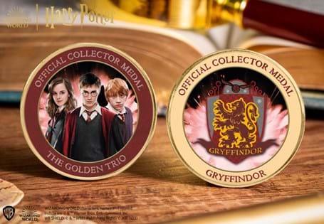 The Official Golden Trio and Gryffindor medals feature Harry, Ron and Hermione, and the Gryffindor crest. The commemorative comes protectively encapsulated in an Official Harry Potter Collector Card.
