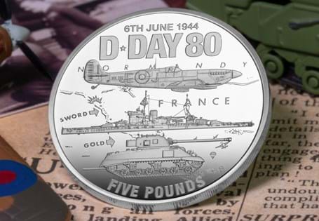 Struck from Sterling Silver to a Proof finish, this £5 coin issued by Jersey depicts three Normandy landing vehicles, representing land, sea and air elements of the invasion.