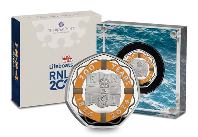 458R RNLI Silver 50P Coin In Front Of Packaging Whole Product