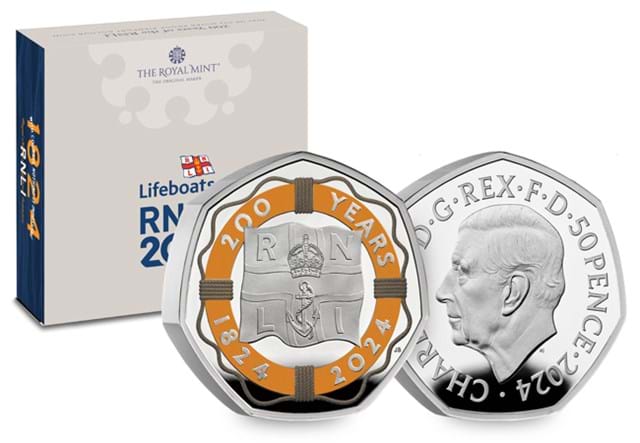 RNL1 RNLI Silver Piedfort 50P Showing In Front Of Packaging Whole Product