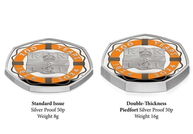 RNL1 RNLI Silver Proof Piedfort And Standard Silver Proof 50P Comparison Image