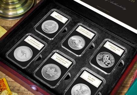 This collection contains the Silver Flagship coin from the UK, USA, South Africa, China, Australia and Canada. Each are struck from 99.9% Silver to a Bullion finish and dated 2024. 
