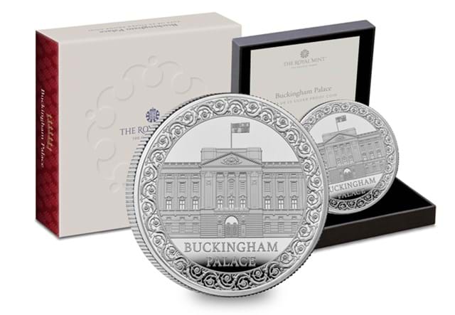 KGK6 UK 2024 Buckingham Palace Silver £5 Coin In Front Of Packaging Whole Product