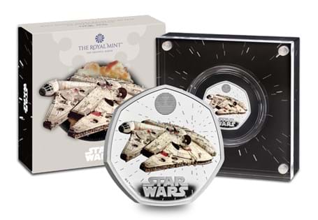 This Silver Proof 50p features the Star Wars Millennium Falcon. It has been struck from 92.5% Sterling Silver and features selective colouring. Comes displayed in Royal Mint packaging. EL: 7,500