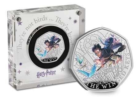 This UK Silver Proof 50p features the Winged Keys by The Royal Mint. Struck from 92.5% Sterling Silver with selective colouring and to a Proof Finish. In official Royal Mint packaging. EL: 8,000