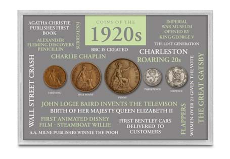 Includes a collection of coins from the 1920s presented in a collector's frame