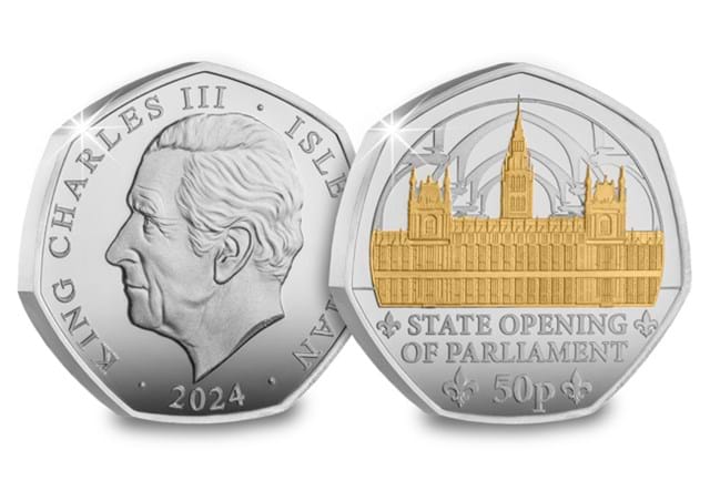 KCIII Inaugural Year Silver (With Gold Plate) 50Ps State Opening Of Parliament Obv Rev