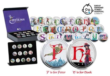 The collection features characters and items from the story of Peter Pan. The obverse features the GOSH logo. in a presentation box with sleeve and cert. 10% donation to GOSH for each one sold.