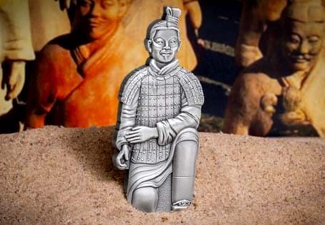 To mark the 50th anniversary of the discovery of the Terracotta Army a 2oz Pure Silver Coin has been released. Struck in the shape of a kneeling Terracotta Warrior with ultra-high relief. EL: 1,974.