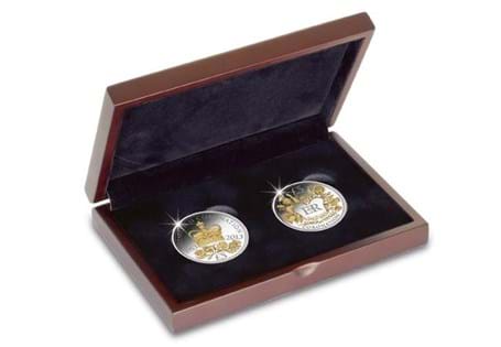 Medium wooden display case for two crown sized coins.