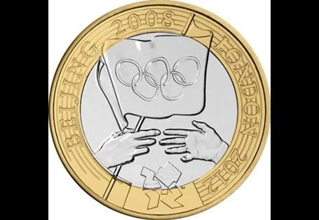 Issued in 2008, this £2 commemorates the handover of the Olympic Games to London. Reverse design features a flag being handed over alongside the official London 2012 logo.