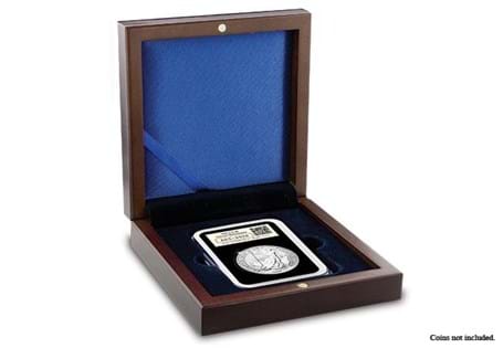 A Wooden Presentation Case for storage of a single DateStamp™ capsule. Featuring mahogany wood grain finish and royal blue interior.