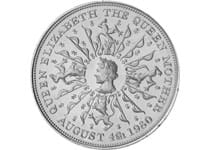 Issued in 1980 to commemorate the 80th birthday of the Queen Mother. Reverse design features her effigy surrounded by a radiating pattern of bows and Lions, along with the date of her 80th birthday.