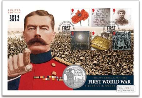 This commemorative silver coin cover features the official Royal Mail Great War stamps, postmarked on their First Day of Issue - 28/07/14 and a 925/1000 Silver Jersey WWI £5 coin. 