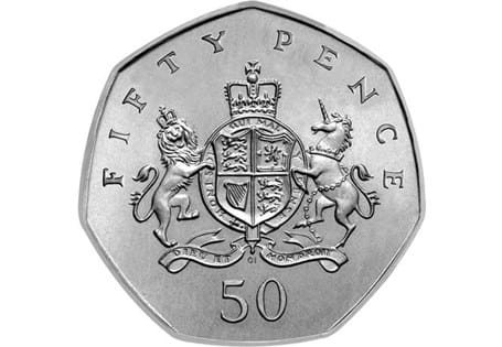 This 50p features Christopher Ironside's Royal Arms design which finished runner-up in a competition to his own design of Britannia which remained on the 50p piece until 2008.