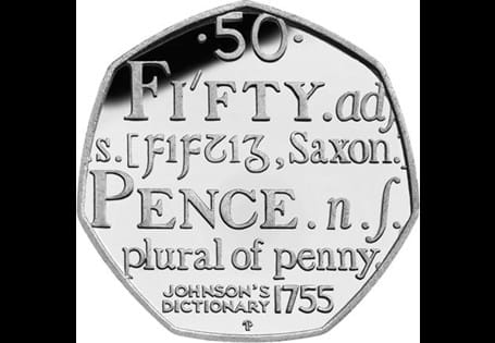 This UK 50p coin was issued to mark the 250th anniversary of Samuel Johnson's English Dictionary