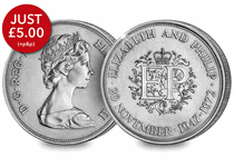 Struck by the Royal Mint in 1972, this crown coin was the first British coin to have a face value of 25p. It was issued to mark the 25th Wedding Anniversary of Queen Elizabeth II and Prince Philip.