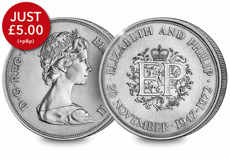 Struck by The Royal Mint in 1972, this crown coin was the first British coin to have a face value of 25p. It was issued to mark the 25th Wedding Anniversary of Queen Elizabeth II and Prince Philip.
