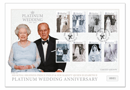 First Day Cover issued in celebration of the Queen's Platinum Wedding Anniversary. Features 8 Platinum Wedding stamps, depicting the Queen and Prince Philip on their Wedding Day