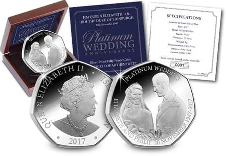 To celebrate the Platinum Wedding Anniversary of Her Majesty the Queen and HRH Prince Philip, the Isle of Man has issued a silver proof 50p coin featuring an image of the couple on their Wedding day.