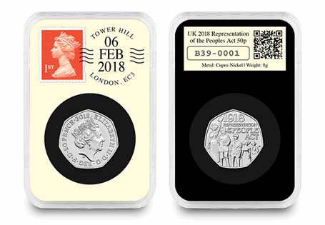 This 2018 DateStamp™ 50p celebrates 100 years since the Representation of the People Act in 1918. It is postmarked by Royal Mail with the date of the anniversary – 6th February 2018.