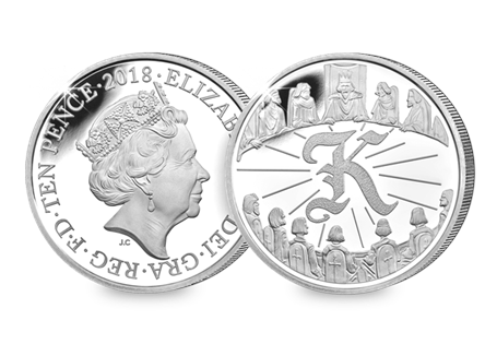 This Silver 10p has been struck by The Royal Mint to celebrate Great Britain. It features the letter 'K' and represents King Arthur. This 10p comes presented in an acrylic block.