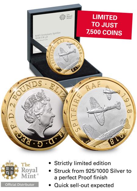 UK 2018 RAF 100Th Spitfire Silver Proof Two Pound Coin Landing Page Image Desktop