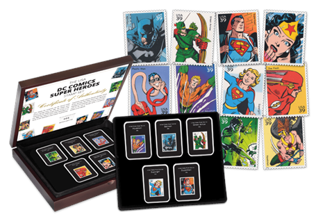 Boxed collection of USA's DC Superheroes Stamps, featuring comic-style drawings of Superheroes such as Batman and Superman. All preserved in cases in a Presentation Case. EL: 995.