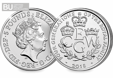 This £5 has been issued by The Royal Mint to celebrate four generations of Royalty. It is protectively encapsulated and certified as Brilliant Uncirculated quality.