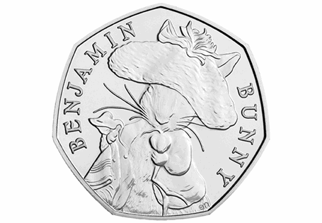 This 50p was issued by The Royal Mint as part of the second series of 50p coins to celebrate the life work of Beatrix Potter. This coin features the design by Emma Noble of Benjamin Bunny.
