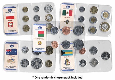 Money of the World coin packs Lucky Dip. 29 different sets of circulation coins from 29 countries.