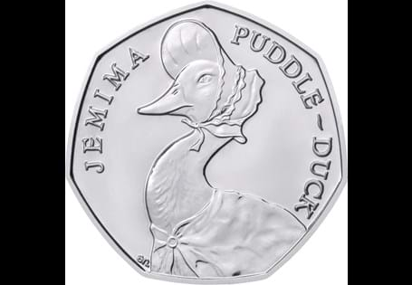 This 50p was released as part of a set paying tribute to the work of Beatrix Potter. This coin features the design by Emma Noble of Jemima Puddle-Duck