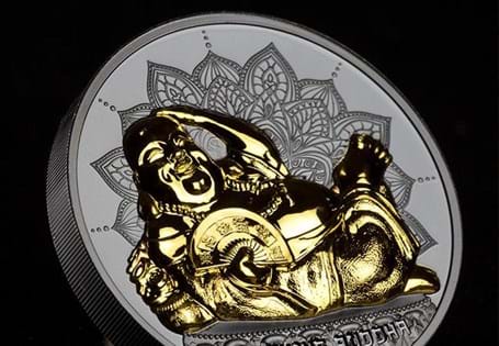 Issued in 2018, this stunning coin has been struck from 2oz fine silver with a black proof finish and features a high relief gilded Laughing Buddha, lying on his side and holding an Oogi. EL: 888.