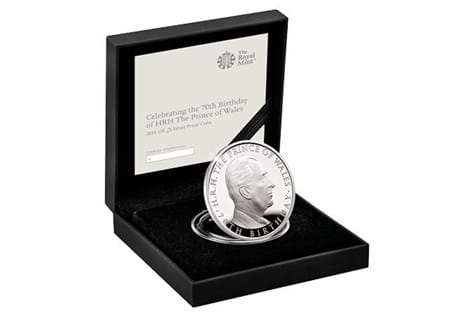 The official UK coin to celebrate The Prince of Wales 70th birthday. Reverse features new portrait of Prince Charles. Max coin mintage 4,500. Limited Presentation Edition 3,500. Silver Proof finish.
