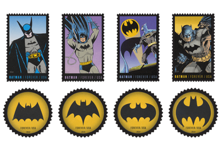 Boxed Edition of USA's 8 DC comics Batman stamps. The stamps feature the four eras of Batman, with 4 version of the caped hero and of the Bat-signal. Individually preserved in tamper-proof cases.