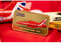 The 24 carat gold-plated ingot issued to honour the Red Arrows. With a full colour illustration of the iconic hawk jet and official RAF Wings logo.