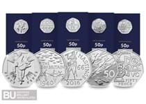 The 2019 50th Anniversary of the 50p Military CERTIFIED BU Set includes five 50p coins that have been re-issued by The Royal Mint in 2019. 